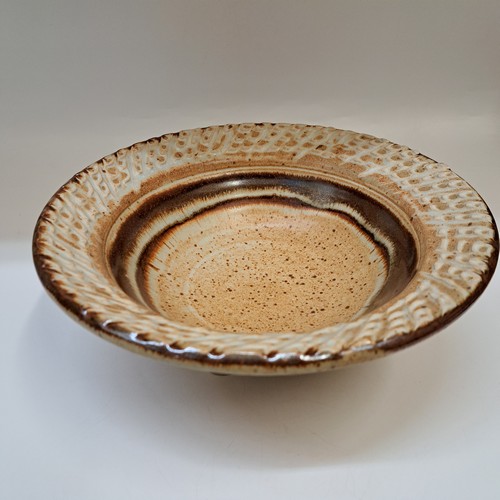 #260209 Serving Bowl  Tan and Brown Textured Rim $22 at Hunter Wolff Gallery